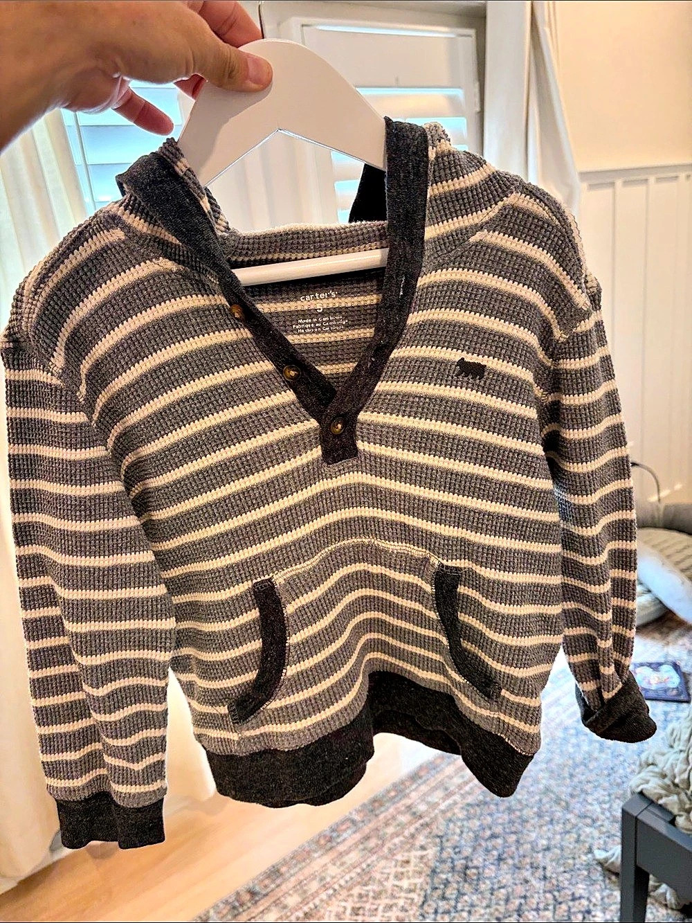 Carter's Striped Hooded Sweater in Gray & Black Like New
